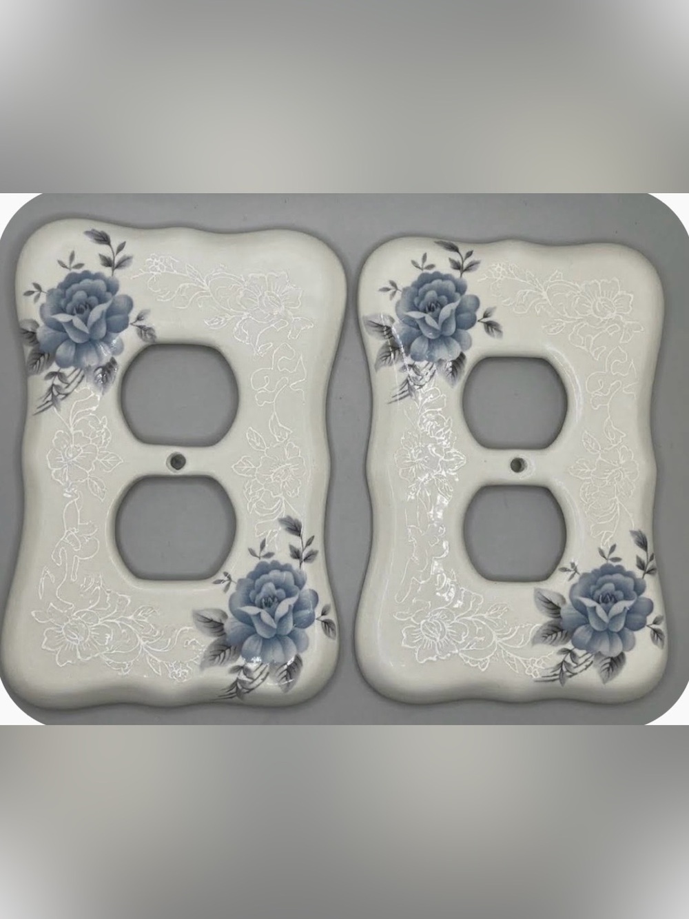 Vintage Athena California Ceramic Outlet Covers Set Blue Floral Cottagecore (2)